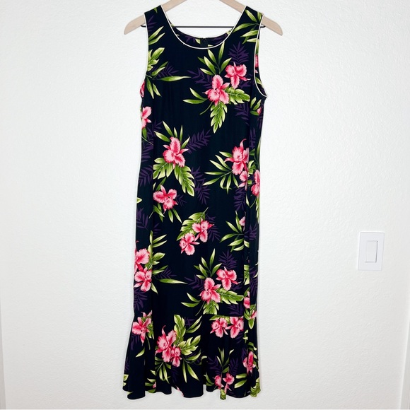 Two Palms Hawaiian Midi Maxi Dress Orchid Floral Black Sleeveless size Medium - Picture 2 of 6